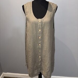 Vintage Women's Sage Green Linen Tunic Dress Sleeveless Button Down Size L